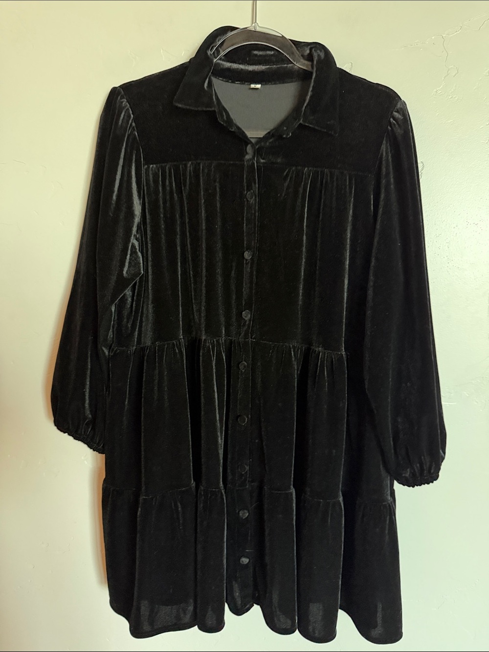 Black Velvet Babydoll Button-Front Tiered Dress